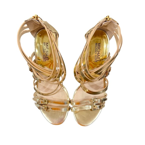 Michael Kors Ava Leather Multi Strap Buckle Zip 3.5” Heel Gold Sandal Size 7.5 - Picture 4 of 9